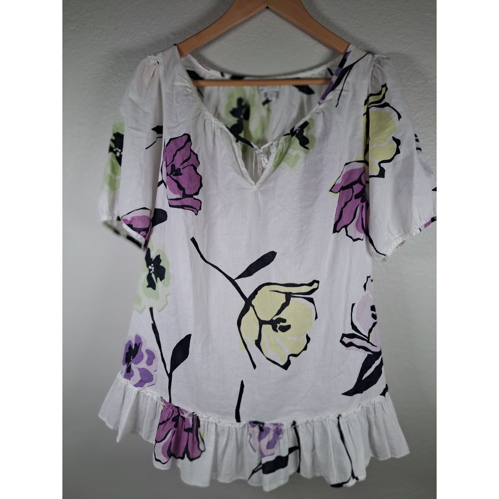 Gap Women XL Floral Peasant Blouse White Cotton Ruffle Hem Short Sleeve Top